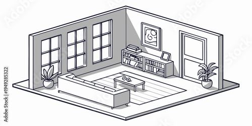 A detailed illustration of a modern house with furniture and appliances