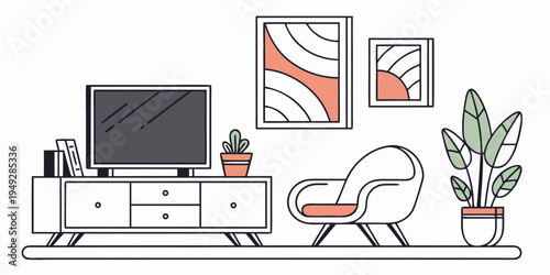 Modern living room with a television, chair, and decorative plants