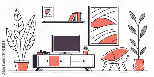 Modern living room with a television, furniture, and indoor plants