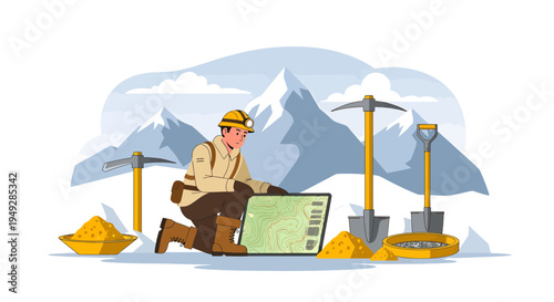 Miner examining gold nuggets and documents in snowy mountains.