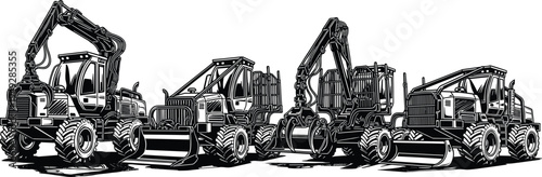 Forestry machinery vector illustration, logging equipment silhouettes, skidder, forwarder, grapple loader, heavy tires, industrial design, timber handling machines, black and white rugged style