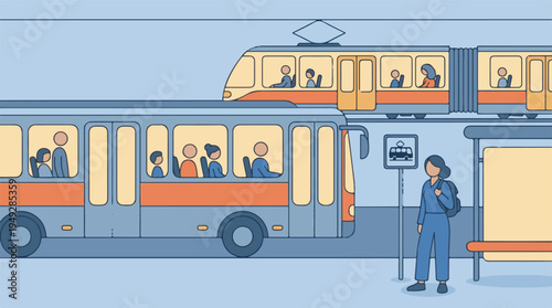 Illustration of public transport with bus, tram, and commuters in city