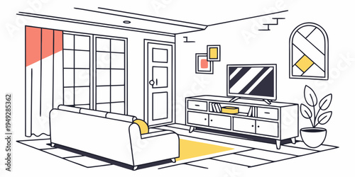 A modern bedroom with a large bed, a television, and a window with a view