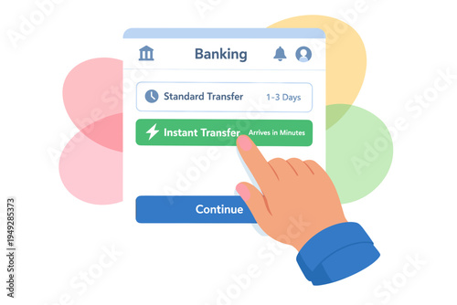 Hand pressing instant transfer button on mobile banking app screen.