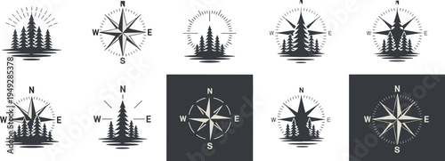 compass rose with forest trees vector icon set, navigation adventure symbol collection, camping exploration design elements illustration