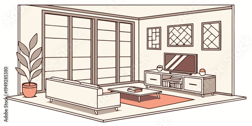 A modern living room with a fireplace, a large window, and a cozy seating area.