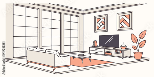 Modern bedroom with large windows and a cozy seating area.