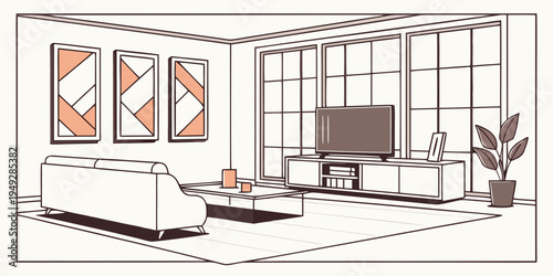 A modern living room with large windows and a cozy fireplace