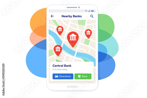 Mobile banking app showing nearby bank locations on a map.