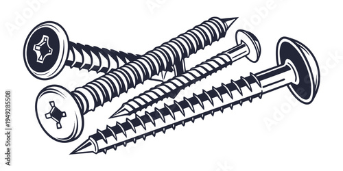 A set of screws with different sizes and thread patterns illustrated in black and white