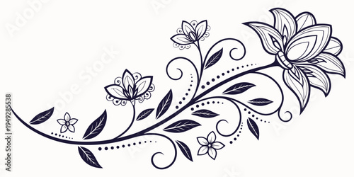 Elegant black and white floral design with intricate details and delicate leaves