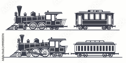 Vintage steam locomotives and passenger carriages in black and white illustration