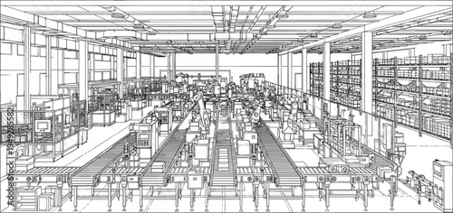 Industrial automation illustration, conveyor belts, robotic arms, assembly line, manufacturing facility, storage shelves, control panels, workstations, safety barriers, modern factory environment.