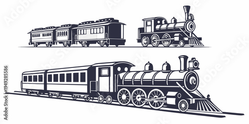 Historical train engines and locomotives in monochrome illustration