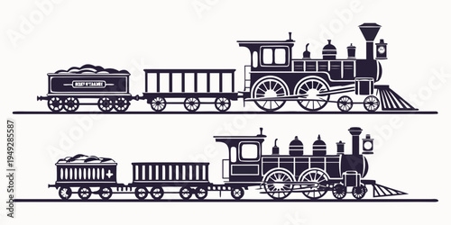 Vintage steam and diesel trains depicted in a black and white illustration