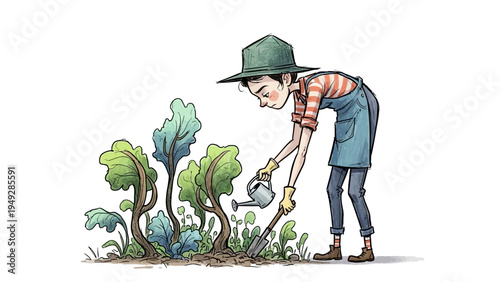 A man wearing a hat waters plants with a watering can outdoors.