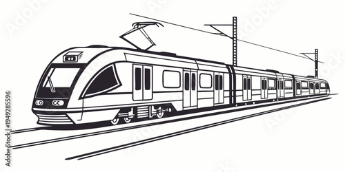 Modern electric train traveling through a scenic countryside landscape