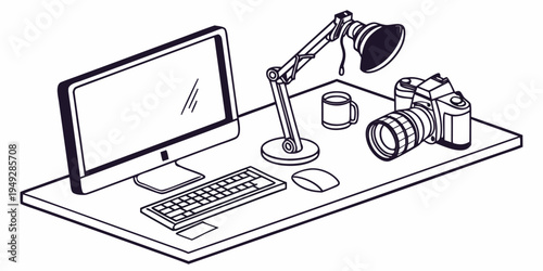 A well-organized desk with a computer, camera, and various office supplies.