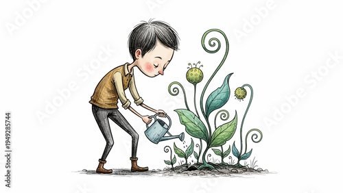 A man gently waters a plant with a watering can outdoors.