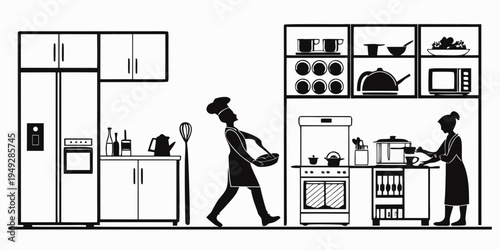 Chefs working in a modern restaurant kitchen with various cooking equipment.