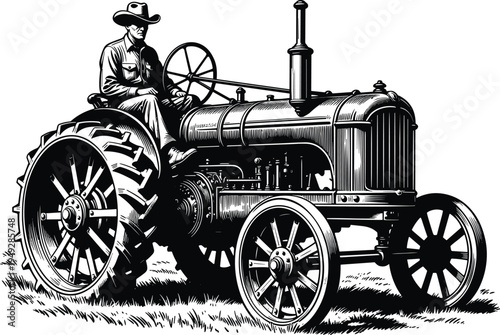 Vintage tractor with farmer silhouette, agricultural machinery vector illustration, traditional farming equipment design, rural lifestyle artwork, historic agriculture vehicle graphic elements