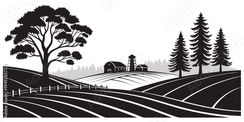 A serene countryside landscape with a horse-drawn carriage on a winding road