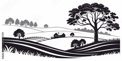 A serene countryside landscape with grazing cows and lush green fields