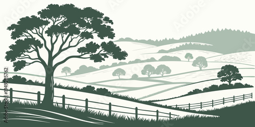 A serene landscape featuring a fence, trees, and rolling hills in the background.