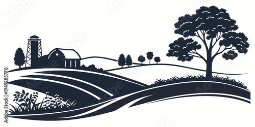 A serene countryside landscape with a winding road and distant farmhouses