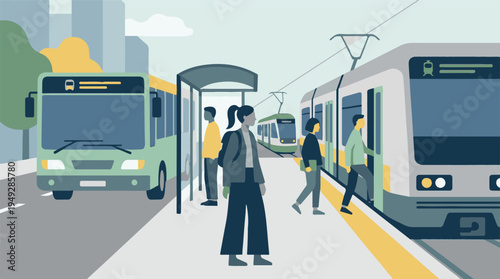 Commuters at an urban transportation hub with bus and train