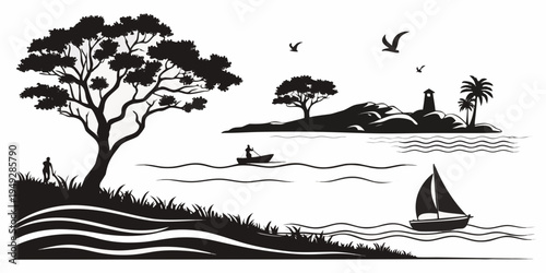 A serene sailboat journeying towards a tranquil island paradise under a clear sky.