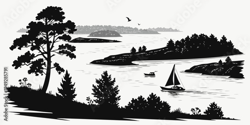 A serene lakeside scene with sailboats and a distant island under a cloudy sky.