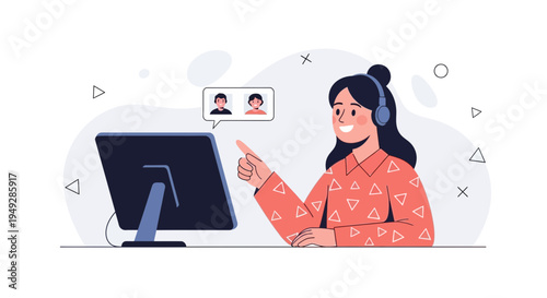 Woman in Headphones on Video Call, Online Communication, Remote Work, Business Meeting