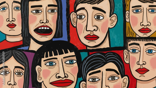 A vibrant illustration of multiple diverse people faces in colorful artistic style