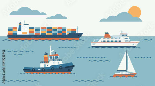 Flat illustration of diverse ships and boats sailing on blue water