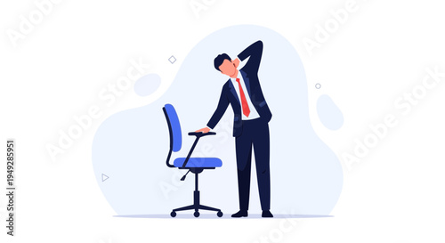 Businessman stretching neck and shoulders next to office chair, healthy work concept