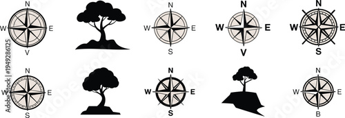 compass, rose, navigation, icon, set, tree, silhouette, vector, collection, map, direction, north, south, east, west, vintage, nautical, design, illustration, symbol