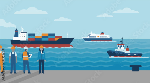 Port operations with container ship, ferry, tugboat, and dock workers