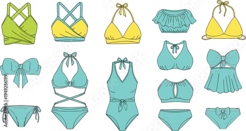 Women’s swimwear collection illustration, bikinis, tankinis, one-piece swimsuits, bows, ruffles, straps, cutouts, fashion design, cad drawing flat vector illustration.