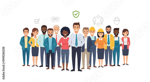 Inclusive Professional Team with Safety and Quality Icons - Diverse Workforce Collaboration