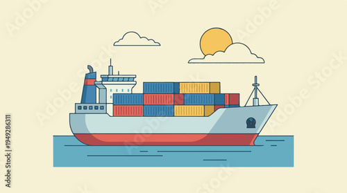 Vector illustration of a cargo ship with containers on the sea under sun