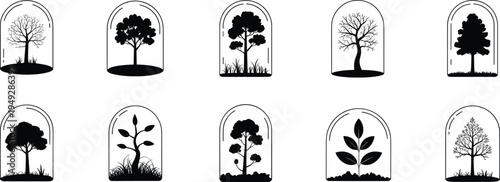 tree and plant silhouette inside glass dome vector icon set, botanical terrarium illustration collection, nature ecology design elements