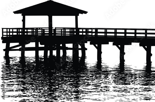 Wooden pier silhouette illustration, dock with gazebo structure over water, reflection vector art, serene nature concept, tranquil design composition, peaceful atmosphere