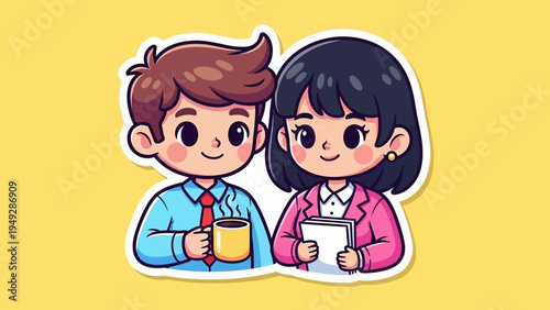 Two cartoon children holding drinks in casual clothes on yellow background