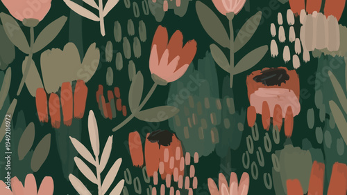 Vibrant illustration of flowers and leaves in a lush garden setting outdoors.
