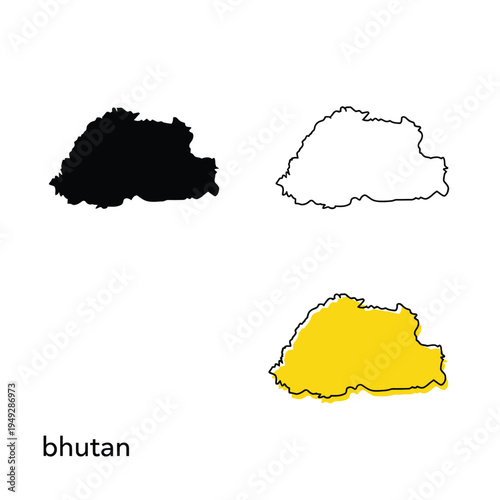 Bhutan map collection vector design featuring black silhouette outline and yellow versions
