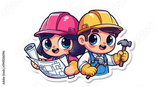 Two cartoon construction workers with hard hats examine a blueprint together outdoors.