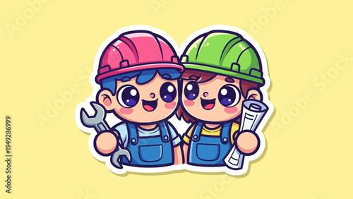 Two cartoon workers with helmets and tools standing together happily outside
