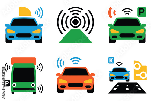 Autonomous car and smart vehicle technology icon set featuring parking sensors radar and driverless navigation systems for future mobility