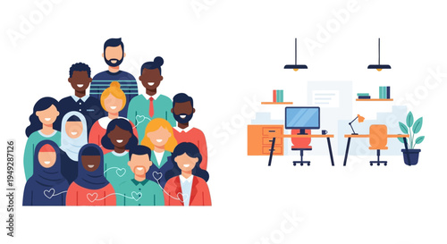 Diverse Global Workforce and Inclusive Modern Office Environment Illustration